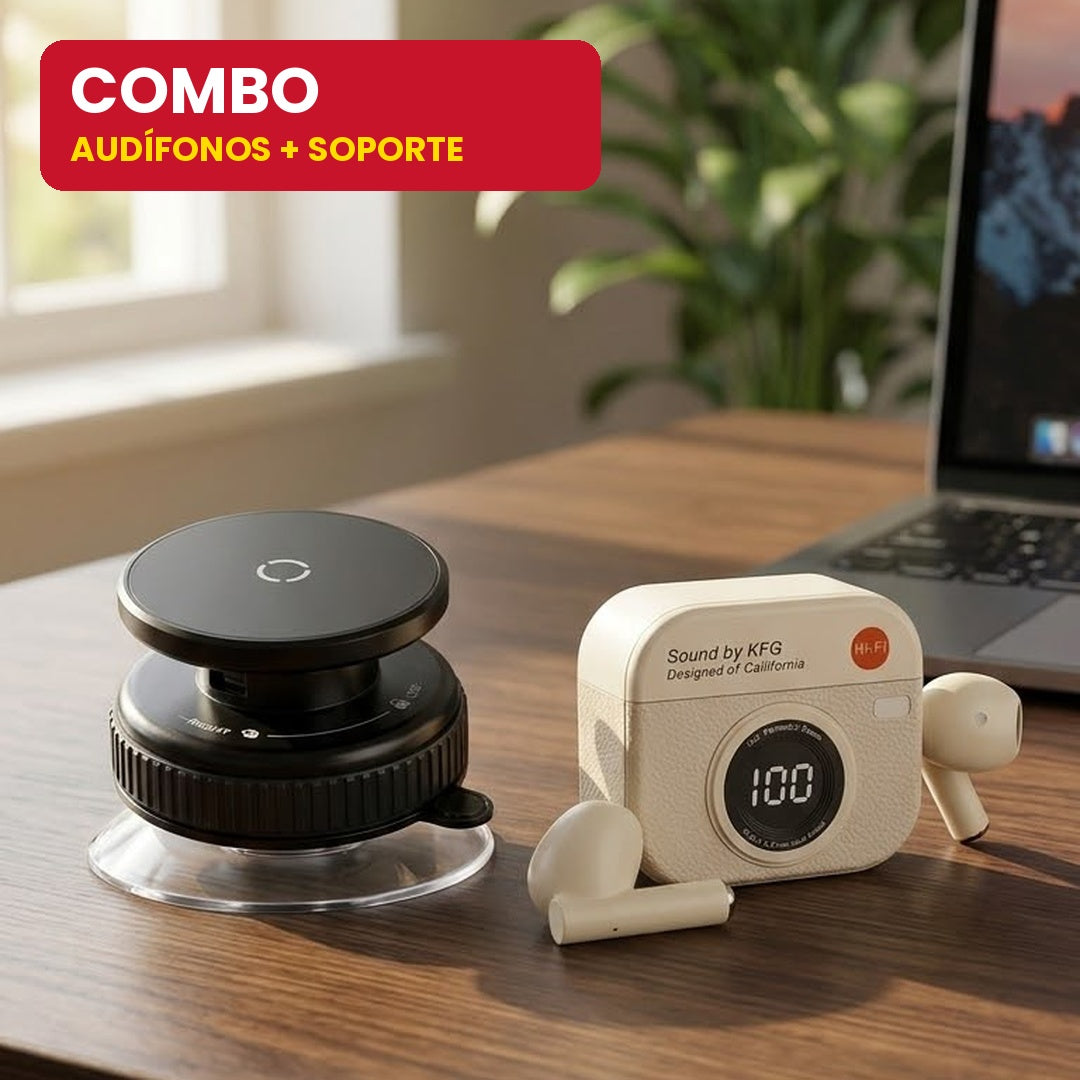 Combo Retro: Audífonos Q86 + Soporte para Teléfono
